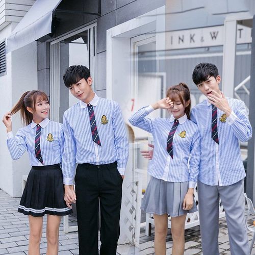 中学生校服高中生班服春秋季蓝色长袖条纹衬衫青少年背带裙子套装
