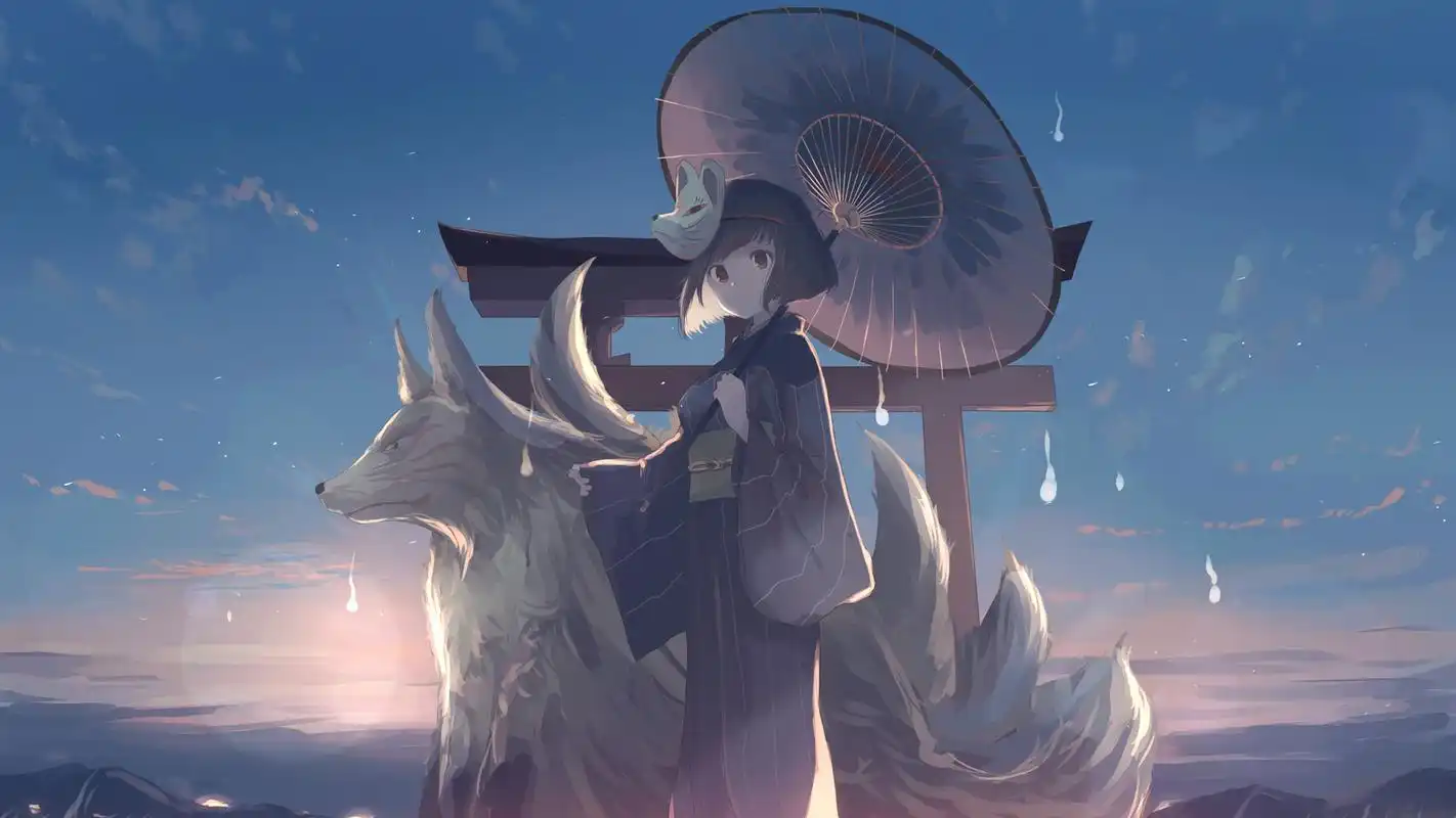 天空 和服女孩 面具 伞 神兽 桌面壁纸壁纸(动漫静态壁纸) - 静态壁纸