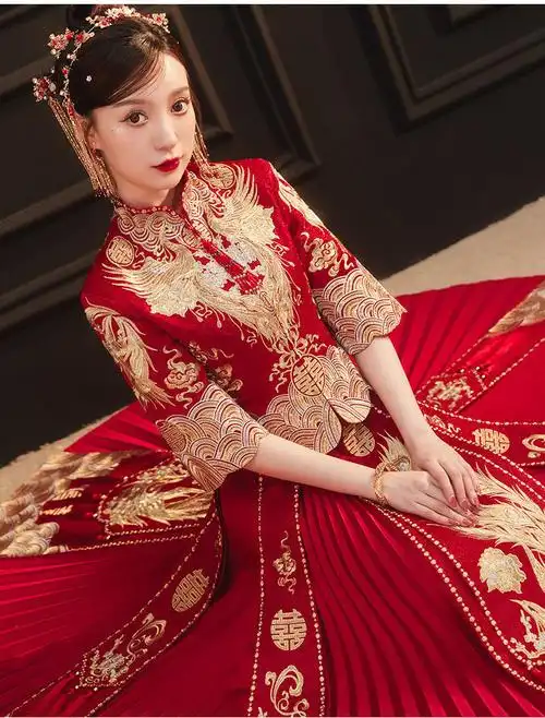 新娘出嫁夏季薄秀禾服中式婚纱礼服拖尾秀禾服2022年新款新娘结婚中式