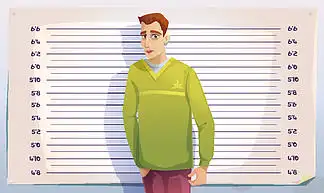 警察或监狱的犯罪照片.被捕男子在身高背景比例尺上的照片.