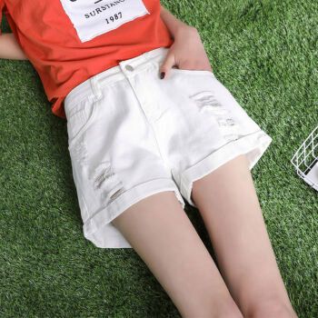 热库牛仔短裤女夏高腰破洞大码宽松百搭学生ins阔腿热裤单件破洞白色s