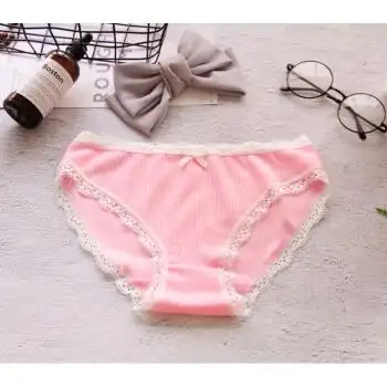 内裤女纯棉中低腰少女可爱蝴蝶结三角学生内裤透气无痕蕾丝边 粉色