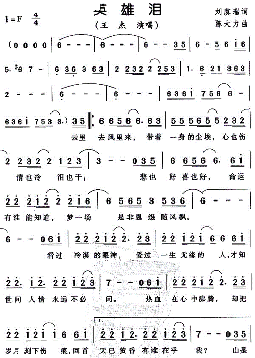 英雄泪 歌谱 简谱