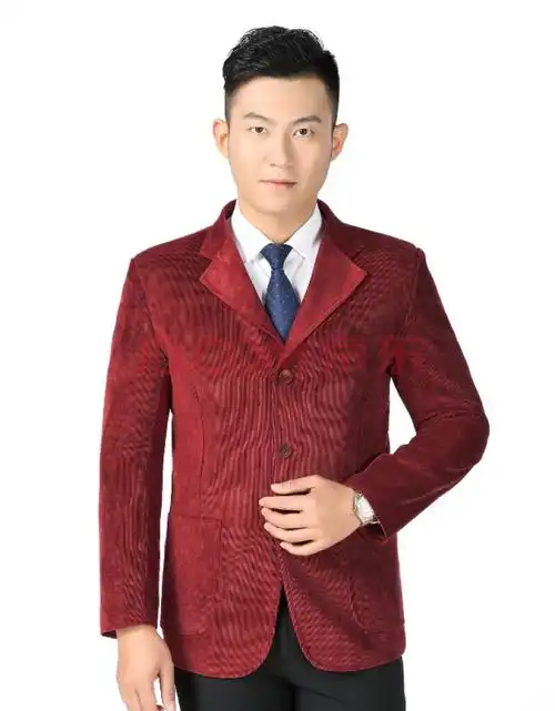 澜之家联名款中老年休闲西服男外套爸爸爷爷条绒3粒扣纯色同款 红色