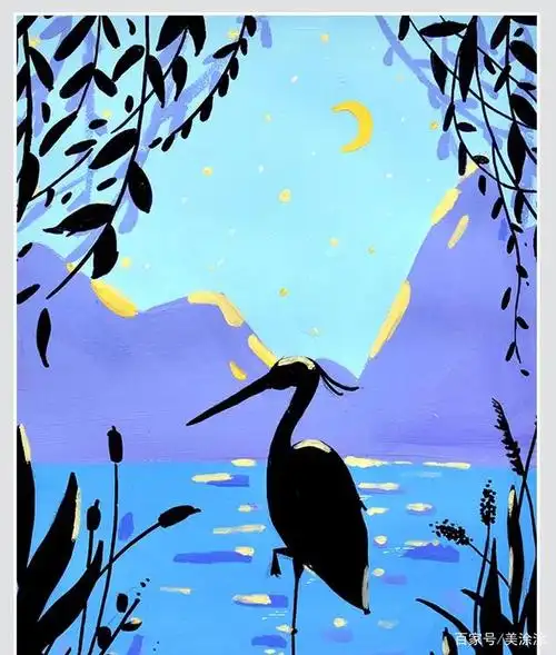 水粉画教程|初级水粉画的冷色调练习——静谧的月下剪影