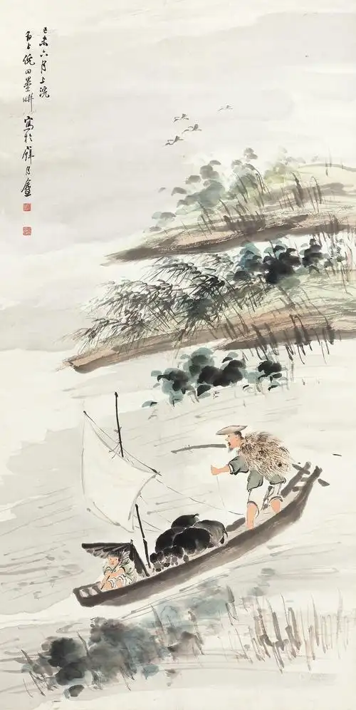 0051 1919年作 枫江渔父 立轴 设色纸本