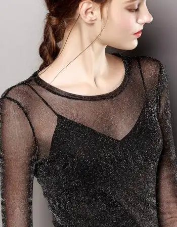 风沙渡2018新款性感黑色薄纱蕾丝镂空修身透明透视网纱打底衫长袖t恤