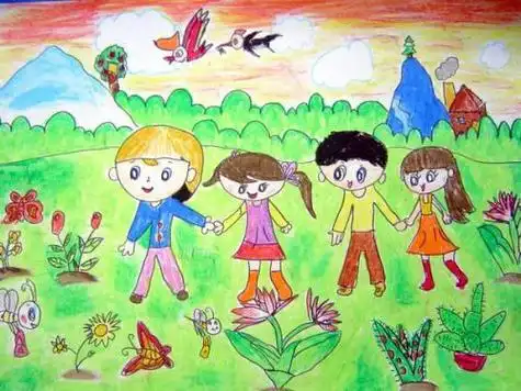 小朋友手拉手郊游简笔画