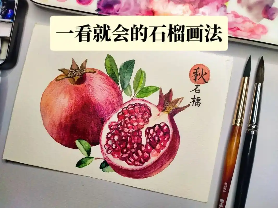 静物水彩画教程|石榴.石榴寓意多子多福#图文伙伴计划 #水彩 - 抖音