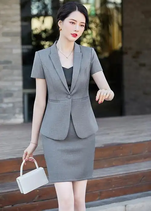 夏新款短袖西服女酒店前台职业套装时尚套裙办公室文员白领工作服