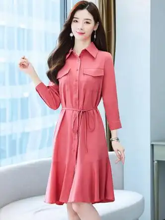 罗蒙连衣裙女春秋新款长袖显瘦长裙遮肚子长款收腰气质衬衫裙子国潮