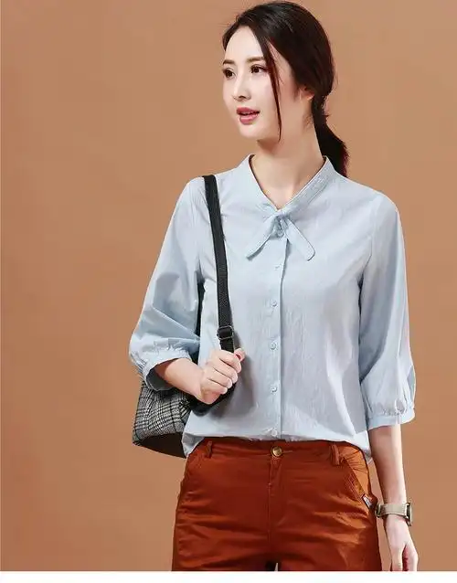 韩潮袭人2018夏装新款女装休闲简约七分袖立领衬衫女款色纯棉衬衣