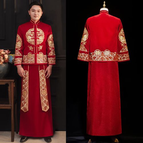新郎龙凤褂男装新郎服中式结婚礼服大码男士唐装 款式二【闪光丝】 xs