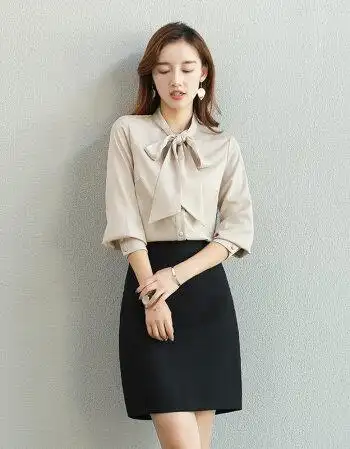 套装时尚夏正装名媛小香风工作服白领女装hz 香槟色长袖衬衫 半身裙 s