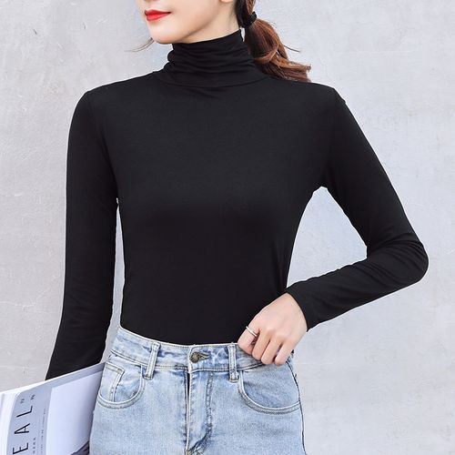 2021年洋气莫代尔高领打底衫女长袖t内搭薄款秋衣黑色堆堆领上衣