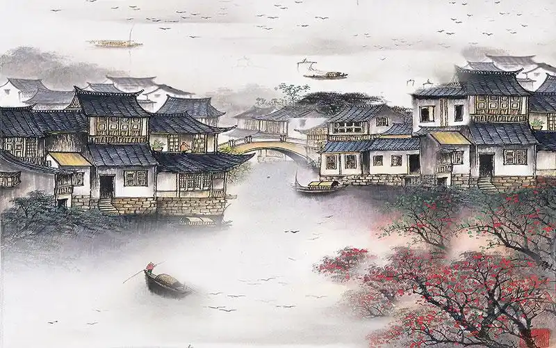 壁画_背景墙_xt90459中式园林江南水乡房子渔船拱桥红树林清名桥飞鸟