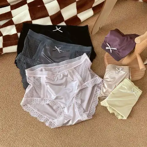 轻奢贵妇内裤女仿丝绸流光无痕透气冰丝中高腰蕾丝女士三角裤