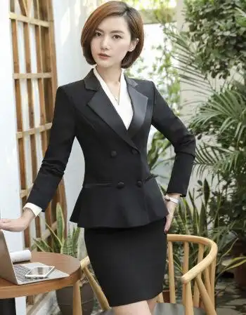 秋冬新品女性职业装女套装白领ol气质长袖西装西服工作服 黑色西装 裙