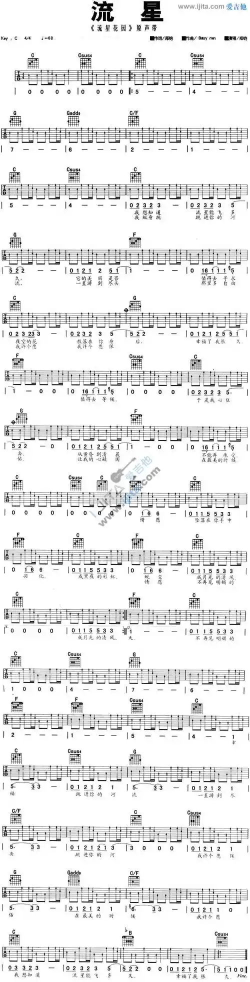 《流星吉他谱》_郑钧_吉他图片谱1张