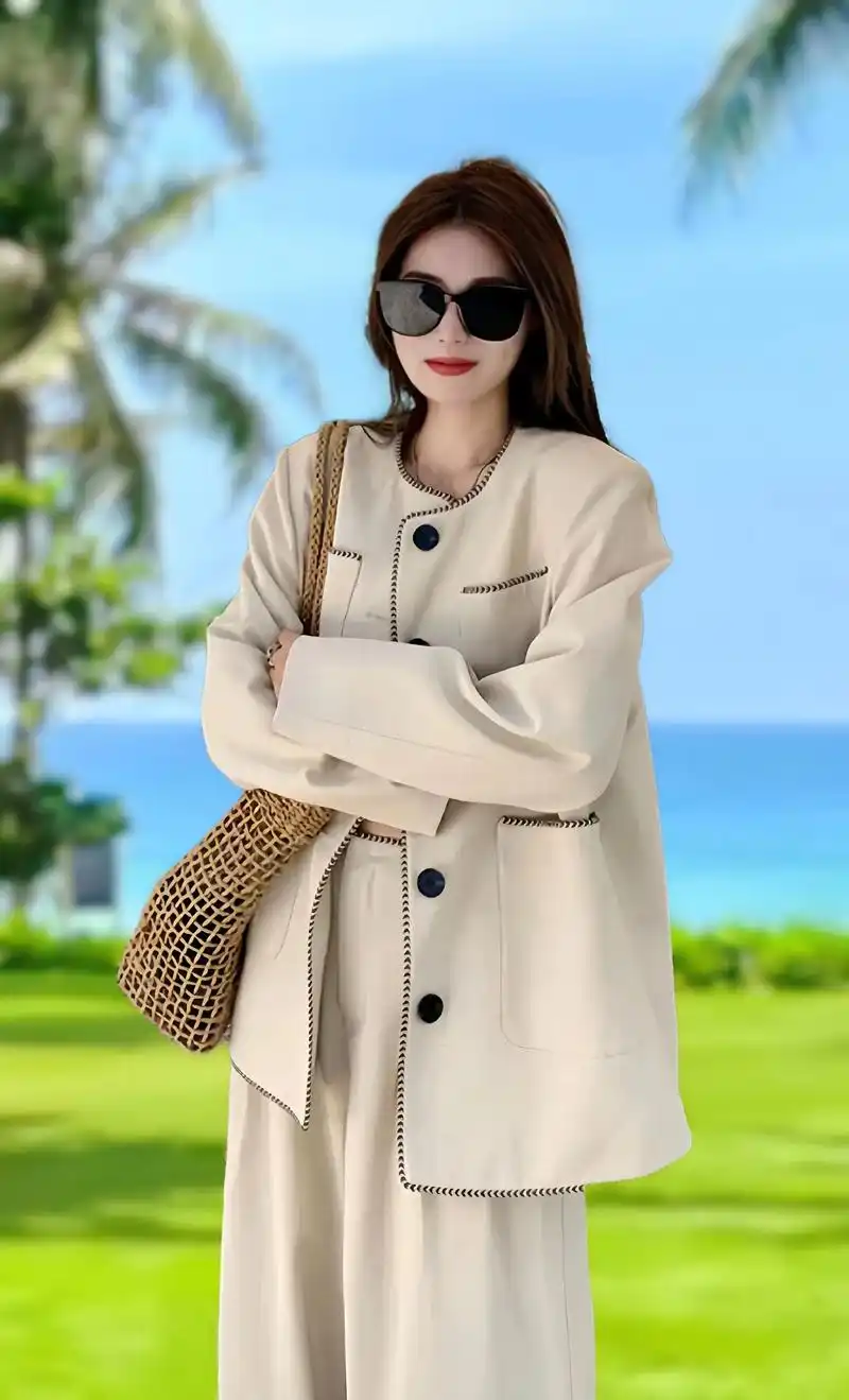 姐妹们~早春还得是小香~ 这款香风西装外套搭配高腰阔腿裤两件 - 抖音