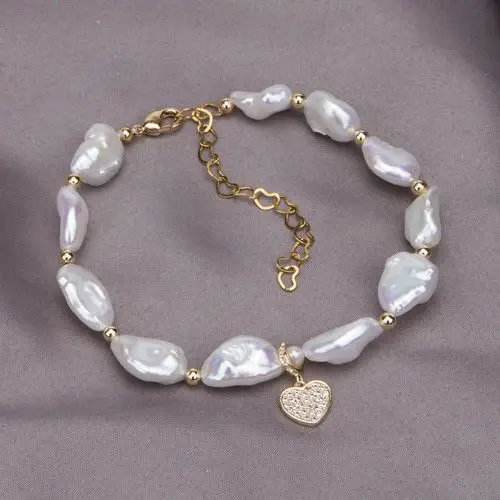 不规则异形珍珠手链女 真珍珠金色隔珠时尚清新女款微镶爱心手串