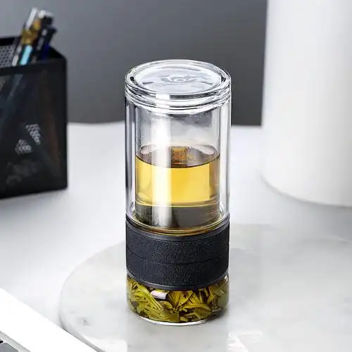 双层透明玻璃水杯便携茶水分离男女女士隔热玻璃杯