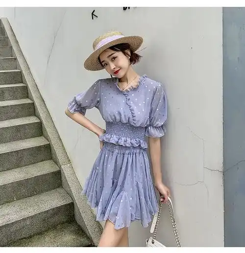 夏季新款韩版v领波点收腰雪纺上衣配荷叶边短裙套装女甜美两件套