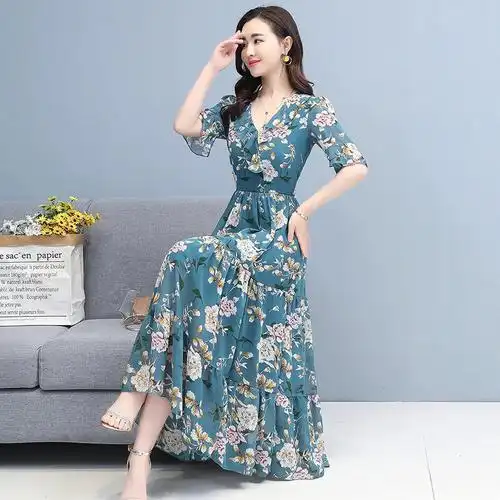 短袖雪纺夏款连衣裙减龄显瘦气质收腰大码女装贵夫人洋气长裙