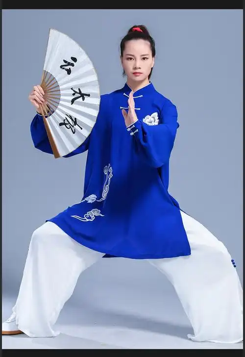 云太极陈家沟春秋新款太极服刺绣飘逸武术练功中老年太极拳套装蓝色s