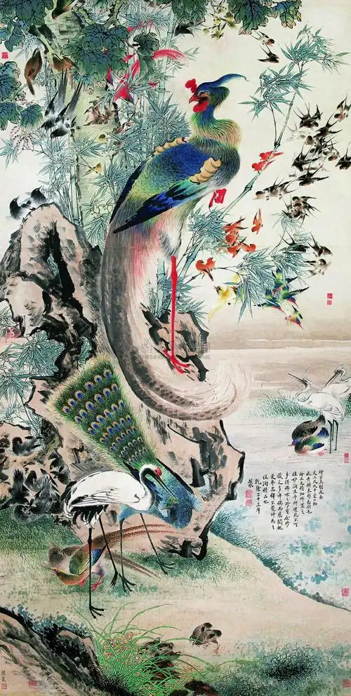 0286百鸟朝凤立轴设色纸本