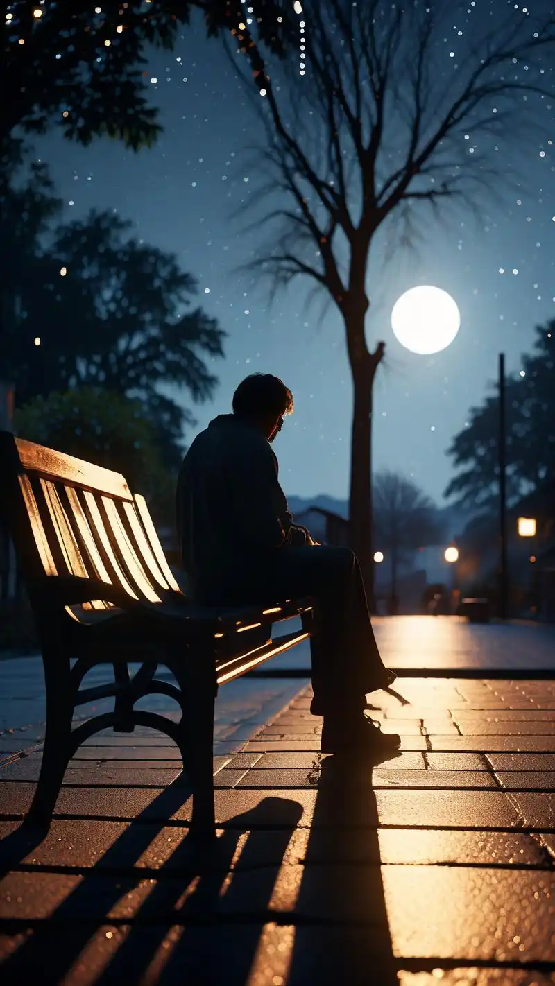 93夜晚公园长椅上的哀伤壁纸92 在寂静的夜晚,公园的长椅上坐着一