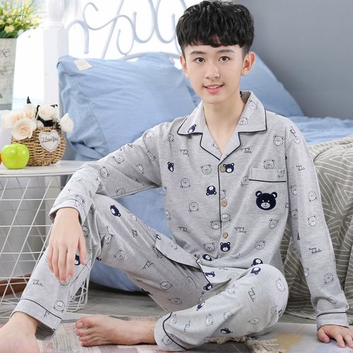 全棉春秋夏全棉空调长袖学生睡衣男孩子家居服初中生家居服套装