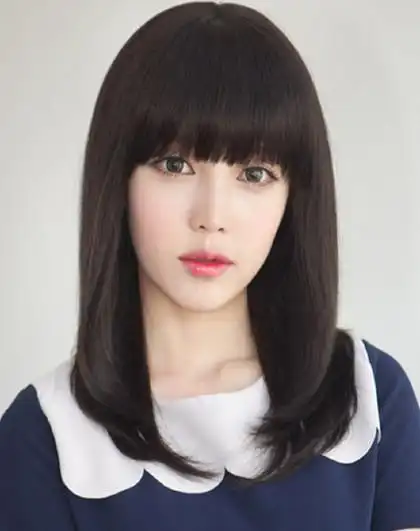 美韩假发女整顶头套斜刘海长发直发齐刘海长直发中长款ol时尚款