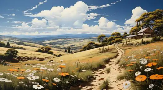 美丽的天空,白云,远方,开满鲜花的半山坡,蜿蜒小路,以及小屋子唯美