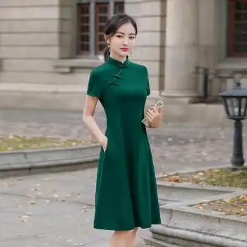 改良旗袍中国风小个子妈妈中长款连衣裙大摆高考式婚宴礼服弹力裙子