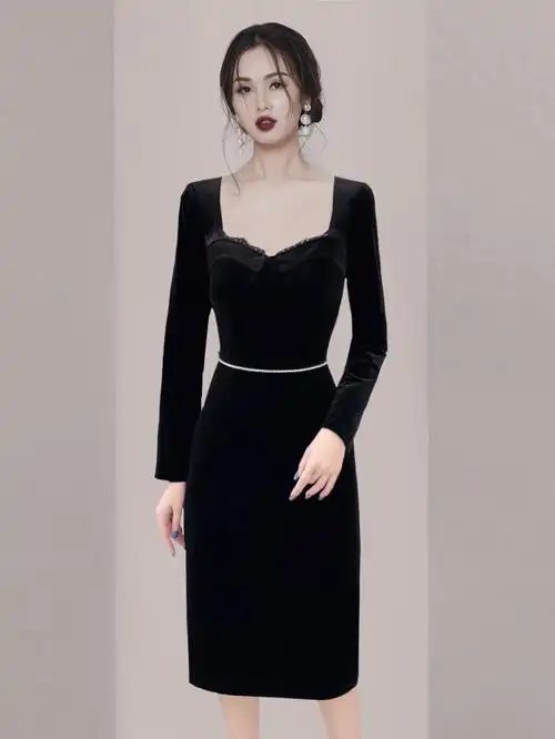 端庄优雅礼服2022春秋季新款女装黑色丝绒连衣裙宴会气质晚礼服女