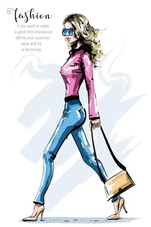 穿着外套的手绘美女时尚优雅的女孩时尚女性造型时尚的冬季服装草图