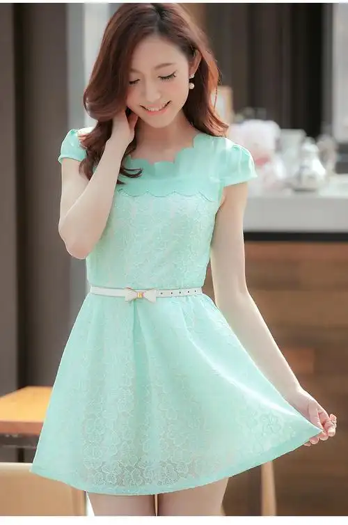 2015新款韩版修身淑女装雪纺蕾丝率空花短袖收腰连衣裙厂家批发