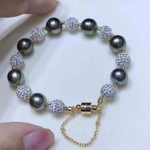 大溪地海水黑珍珠手链9-10mm近正圆正品强光细瑕送女友礼物