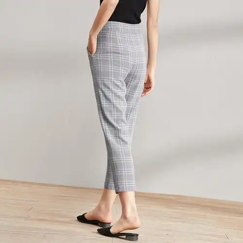夏装新款时尚格纹工装裤子ol气质中腰百搭休闲裤女