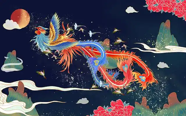 百鸟朝凤凤凰国潮深蓝色国潮风简约祥云浮雕暗纹海报背景中国风祥云