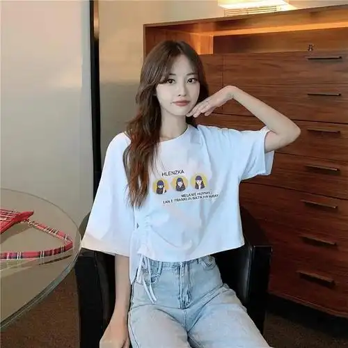 泫雅风短款短袖t恤女ins潮韩版学生宽松抽绳露肚脐高腰学生上衣夏女孩