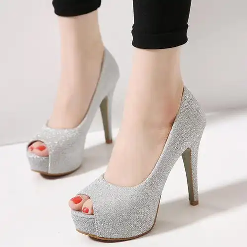 高跟鞋韩版ol淑女款细跟高跟银色防水台鱼嘴鞋女士高跟单鞋