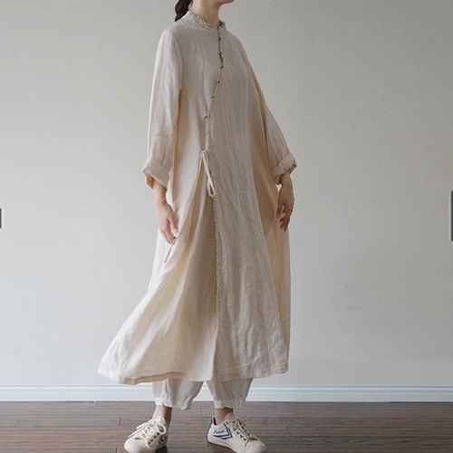 一言棉麻夏秋新品复古国风斜襟蕾丝珠扣苎麻连衣裙