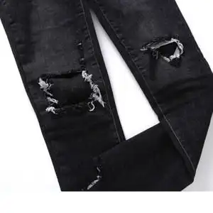 2018小脚毛边铅笔韩版补丁牛仔裤破洞 span class=h>夏 /span>季黑色