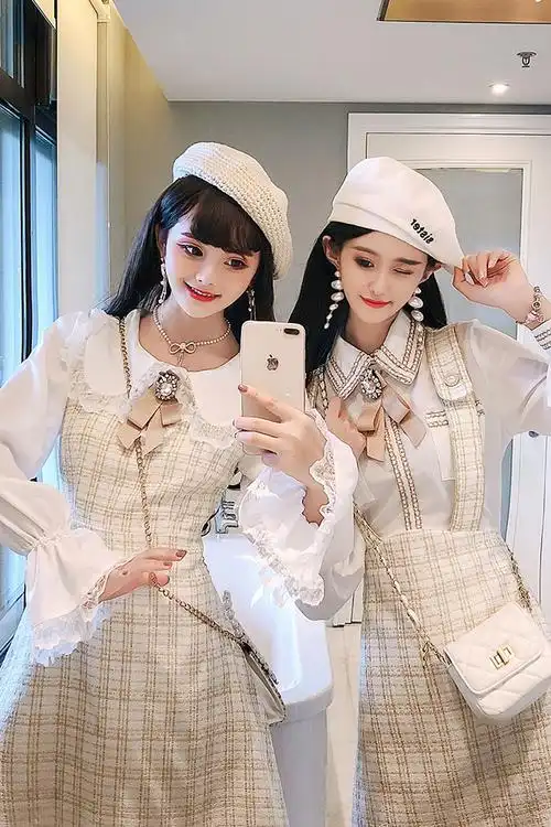 早秋新款时尚闺蜜装水钻蝴蝶结粗花呢裙子甜美娃娃领假两件连衣裙