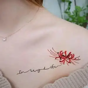 英文彼岸花纹身贴曼珠沙华女防水彩色逼真锁骨性感胸前持久闺蜜贴