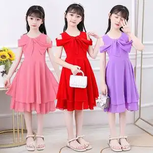 女童雪纺连衣裙夏季薄款走秀小网红爆款11岁小女孩韩版纯色小红裙
