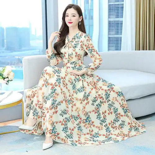 外贸连衣裙碎花长款雪纺女2024新款春夏长袖英伦风修身大摆长裙