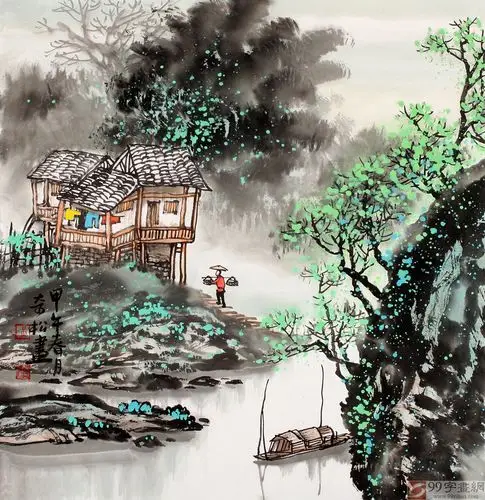 民盟美协理事黄奇松三尺斗方《山村人家》 - 写意山水画 - 99字画网